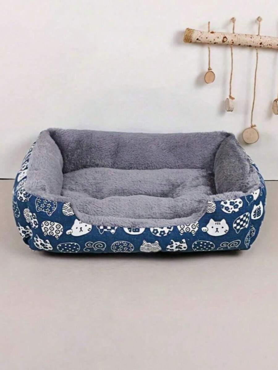 1pc Cozy Warm Plush Pet Bed, Blue Cartoon Pattern Pet Sofa Cushion For Cats Small Dogs, Durable Polyester Easy‑Clean Indoor Pet Nest - Multicolor - View 1