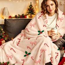 1pc Sweet Pink Christmas Bow Candy Cane Digital Print Flannel Blanket - Modern Style, Soft Polyester Knitted Fabric Comfortable For All Seasons, Multi-Purpose, Suitable For Sofa, Bed, Travel, Camping, Chair, Gift Blanket - Baby Pink - View 8