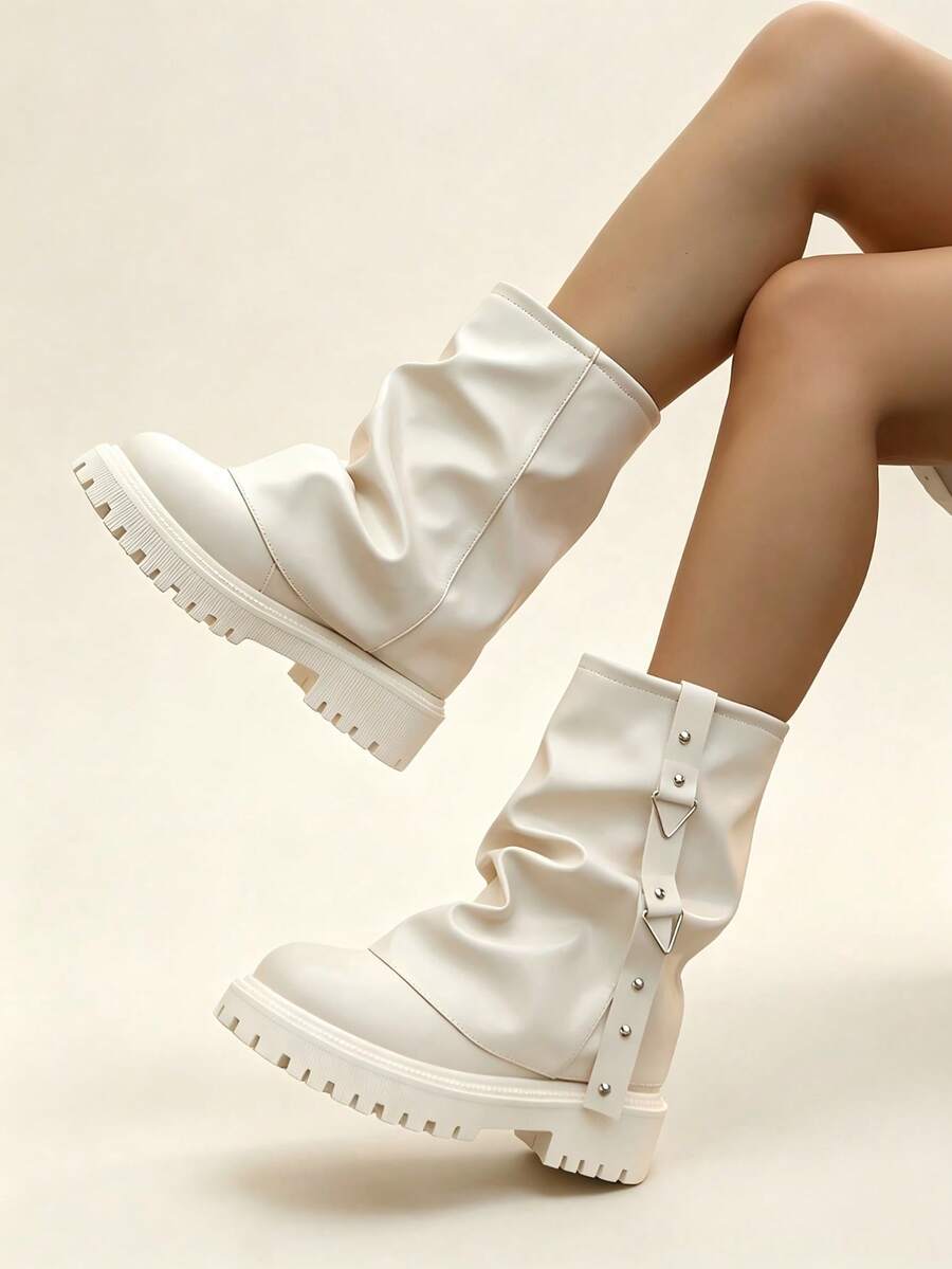 Y2K Ruched Stacked Mid-Calf Motorcycle Boots For Women, Rivet Triangle Buckle Strap Thick Platform Wedge Leg-Wrap Boots, Hot Girl Rider Boots - White - View 1