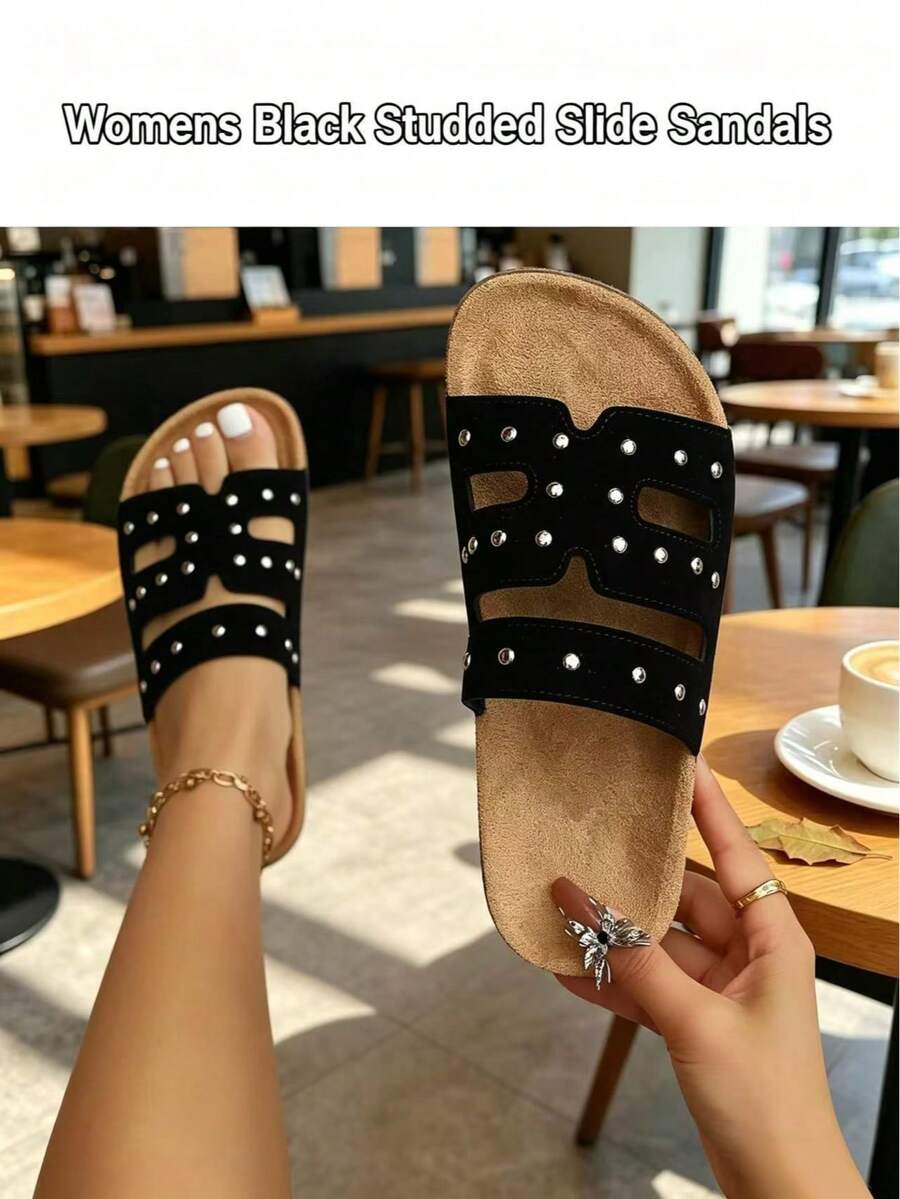 女款水鑽軟木厚底雙扣拖鞋