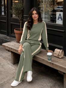Women's Casual 2 Pieces Sportswear Set, Round Neck Long Sleeve Top With Wide Leg Pants, Spring Autumn Winter Daily Wear, Youthful Style - Green - View 3