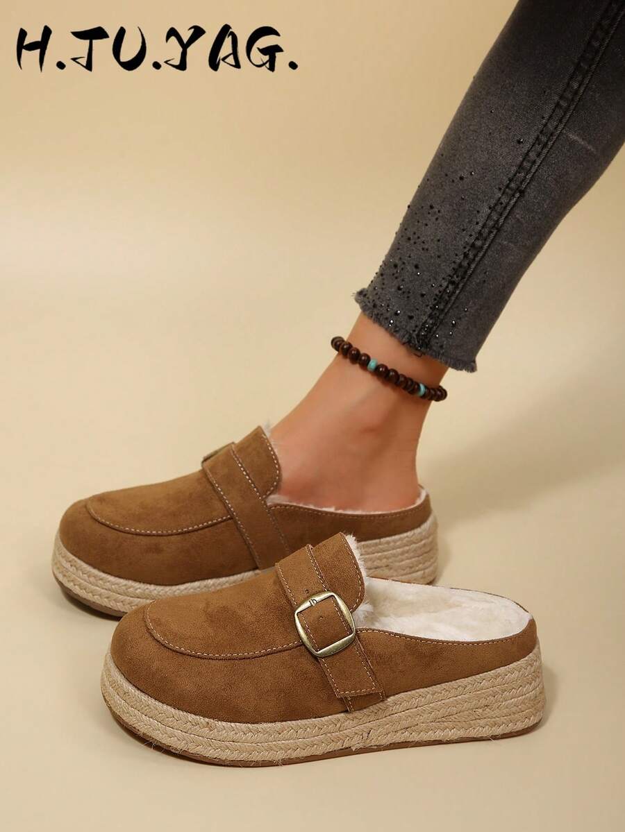 Women's Autumn/Winter New Rope Decor Bohemian Thick Sole Closed-Toe Half-Slingback Breathable Comfortable Casual Elegant Flat Sandals - Brown - View 1
