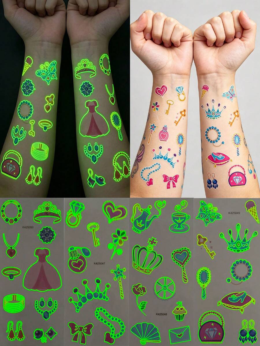 4pcs Glow-In-The-Dark Cute Princess Jewelry Temporary Tattoo Stickers, Crown Magic Wand Diamond Fairy Tale Realistic Stickers, Princess Theme Birthday Party Waterproof Glowing Body Stickers