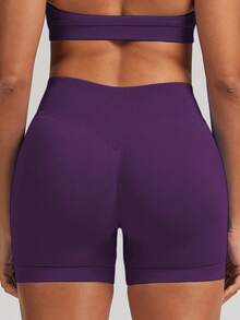 Women's Seamless Camisole Training 2-Piece Set, High Elasticity Fitness Wear, Sports Bra With Removable Built-In Padding + High Waist Bike Shorts, Suitable For Fitness Training - Purple - View 6