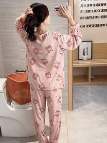 2pcs/Set Women's Autumn/Winter Pajama Set, French Country Princess Style, Comfortable Breathable Loose Long Sleeve Long Pants Ditsy Floral Loungewear - Pink - View 2