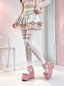 1 Pair Women's Plus Size Velvet Printed Tights, Gothic Style, Fashionable And Suitable For Lolita Outfit And Casual Wear - White - View 3