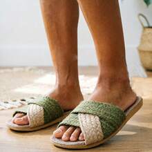 Summer Linen Slippers Lightweight Non-Slip Indoor Slippers Soft Sole Home Slippers Fashion Minimalist Bedroom Slippers - Olive Green - View 2