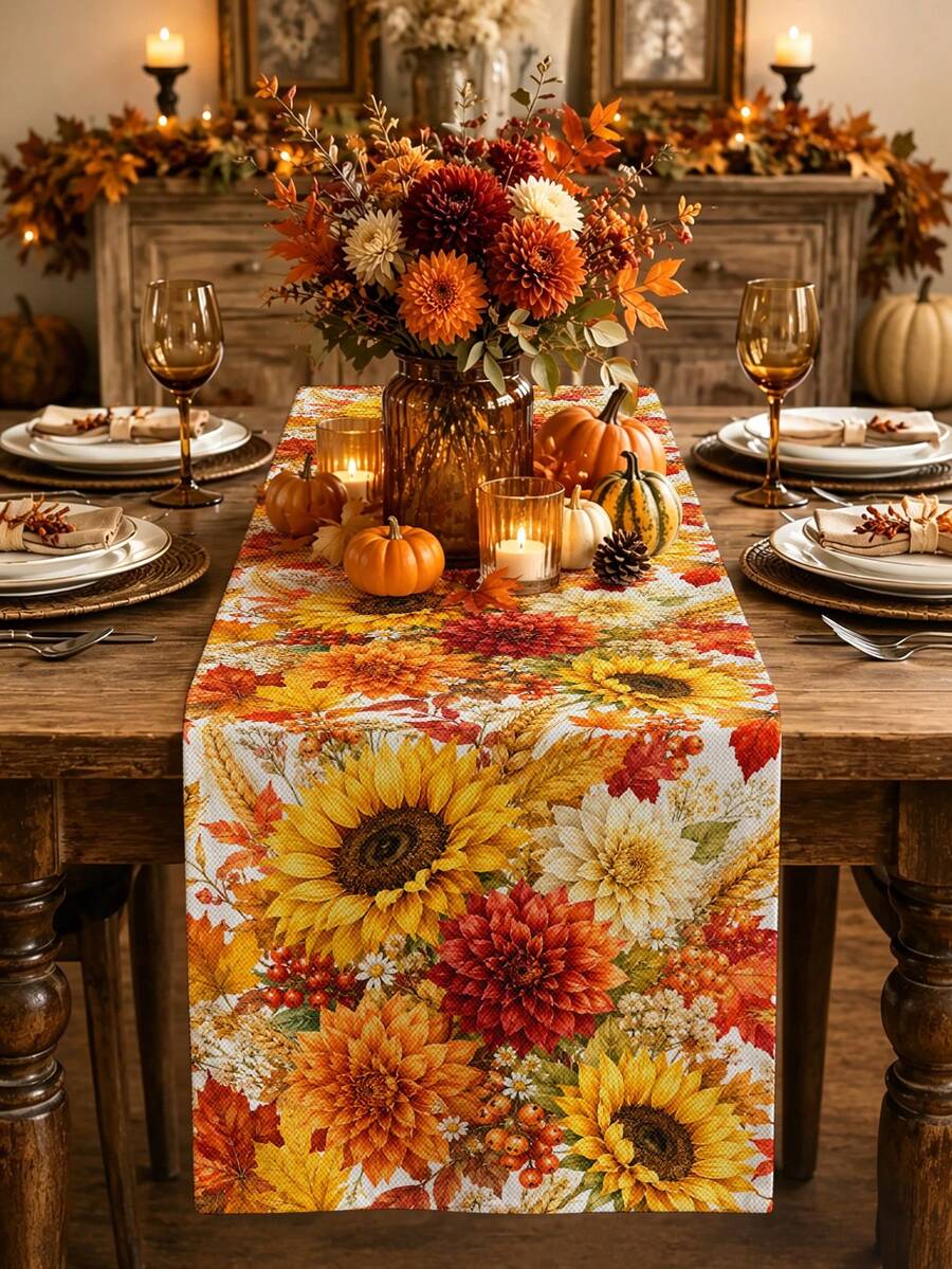 Thanksgiving Autumn Table Runner, Sunflower Dahlia Daisy Floral Pattern, Rustic Country Style, Autumn Harvest Table Decor, Maple Leaf Wheat Berry Print, Linen Texture Tablecloth, Dining Room Kitchen Home Decor - Multicolor - View 1