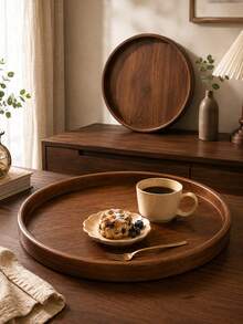 1pc Walnut Color Round Tray, Elegant Multi-Functional Tray, Suitable For Snacks, Desserts, Fruits, Beverages, Coffee And Tea, Decorative Tabletop Tray For Kitchen, Dining Room, Coffee Table, Living Room And Hosting Occasions - Walnut - View 3