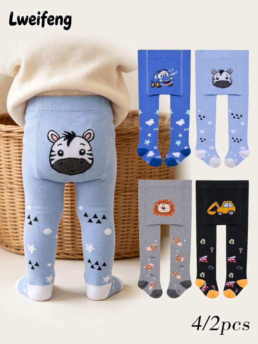 4/2pcs Newborn Cartoon Tights, Car Zebra Lion Pattern, High Elastic Comfortable Baby Spring Autumn All Season Leggings - Multicolor - View 1