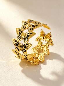 VceTd 1pc Gentle Style Colorful Enamel Butterfly Design Stainless Steel Open Cuff Bracelet For Women, Suitable For Weddings, Travel, Or As A Valentine's Day Gift For Loved Ones - Yellow Gold - View 6