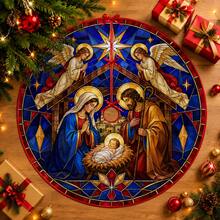 1pc Painted Glass Nativity Scene Christmas Tree Skirt, Elegant Color Holiday Decor, 5 Sizes, Unisex Holiday Gift, Suitable For Home And Party Christmas Home Decoration - Stained Glass Nativity Scene - View 1