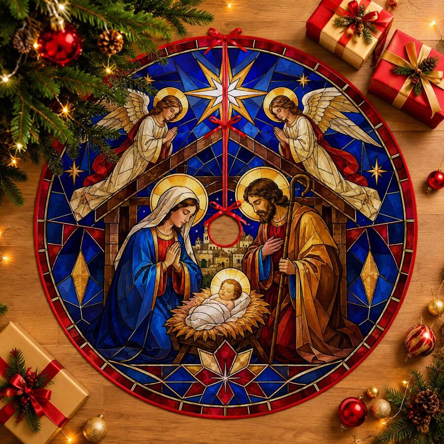 1pc Painted Glass Nativity Scene Christmas Tree Skirt, Elegant Color Holiday Decor, 5 Sizes, Unisex Holiday Gift, Suitable For Home And Party Christmas Home Decoration - Stained Glass Nativity Scene - View 1