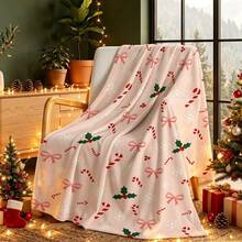 1pc Sweet Pink Christmas Bow Candy Cane Digital Print Flannel Blanket - Modern Style, Soft Polyester Knitted Fabric Comfortable For All Seasons, Multi-Purpose, Suitable For Sofa, Bed, Travel, Camping, Chair, Gift Blanket - Baby Pink - View 1