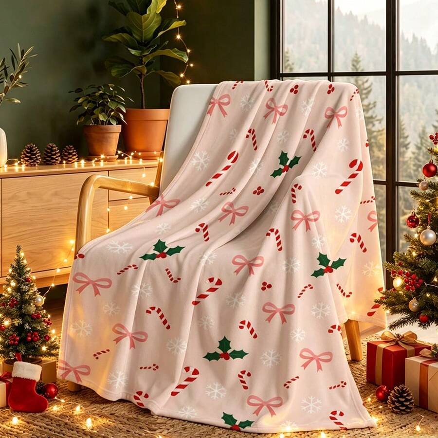 1pc Sweet Pink Christmas Bow Candy Cane Digital Print Flannel Blanket - Modern Style, Soft Polyester Knitted Fabric Comfortable For All Seasons, Multi-Purpose, Suitable For Sofa, Bed, Travel, Camping, Chair, Gift Blanket - Baby Pink - View 1