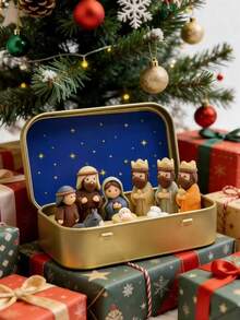 Christmas Nativity Scene Set, Metal Box Storage Instant Display, Full Christmas Atmosphere! Includes Holy Infant, Virgin Mary, Joseph, Three Wise Men Complete Figure Set, Starry Sky Inner Lid Design. Compact And Portable, Suitable For Fireplace, Tabletop, Windowsill Display, Home Decor, Christmas Gift And Collection. - one-size - View 2
