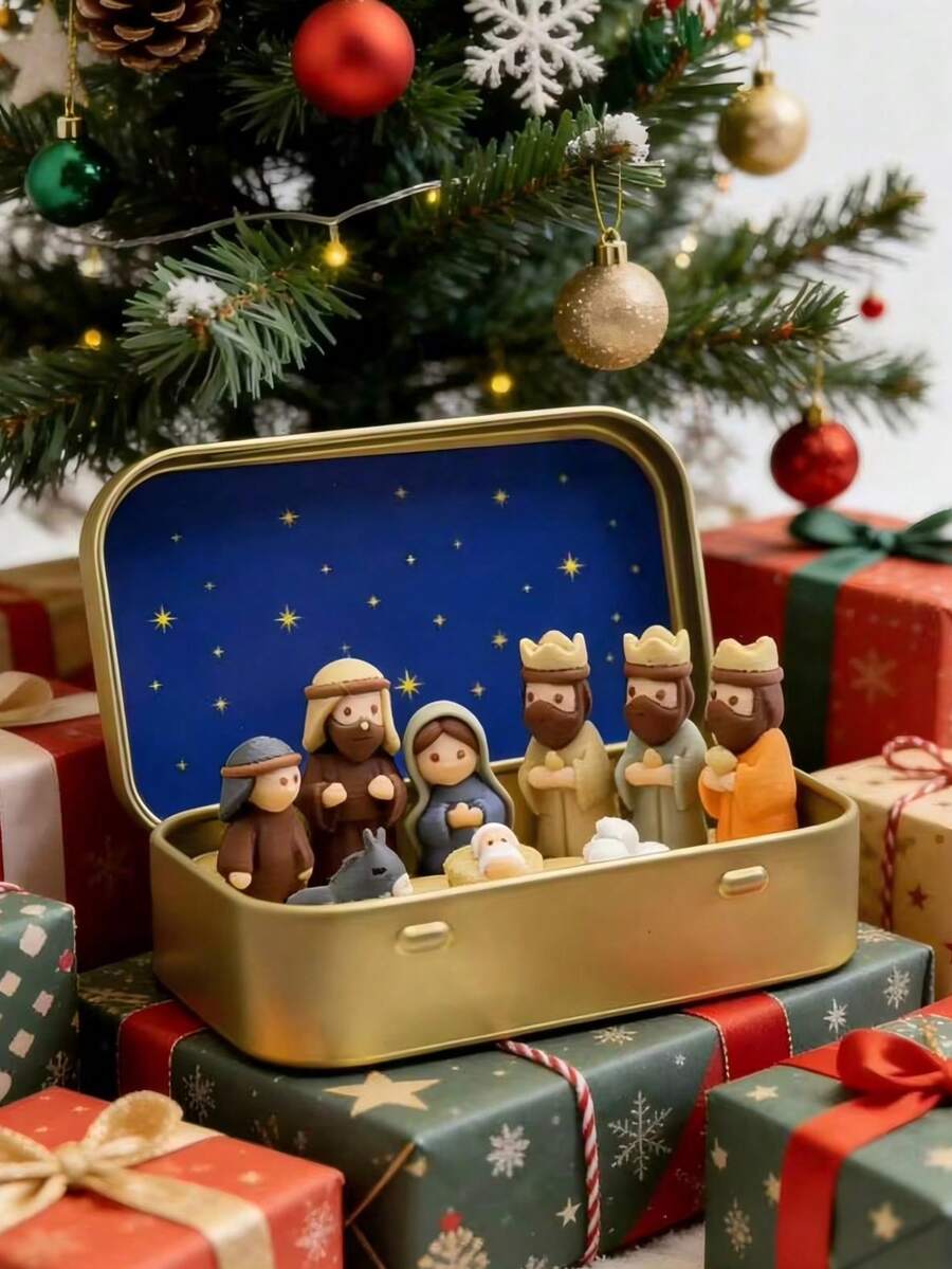 Christmas Nativity Scene Set, Metal Box Storage Instant Display, Full Christmas Atmosphere! Includes Holy Infant, Virgin Mary, Joseph, Three Wise Men Complete Figure Set, Starry Sky Inner Lid Design. Compact And Portable, Suitable For Fireplace, Tabletop, Windowsill Display, Home Decor, Christmas Gift And Collection.