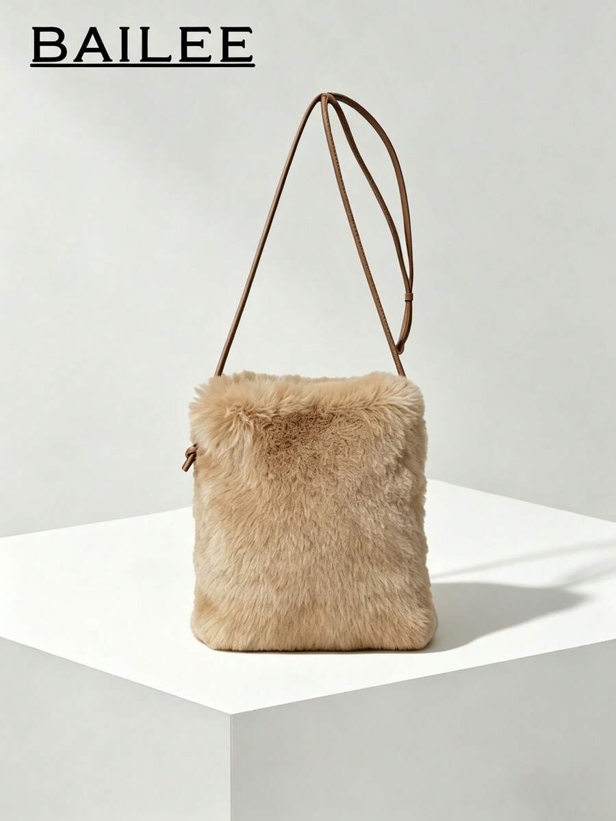 BAILEE Minimalist Fashion Solid Color Faux Fur Shoulder Bag, Soft Plush, With PU Strap, Portable, Suitable For Matching Outfits, Also Suitable As A Gift - Multicolor - View 1