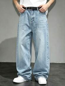 Tween Boy's American Street Style Black Distressed Wide Leg Jeans Loose Drape Cool Rugged Floor-Length Pants - Medium Wash - View 4