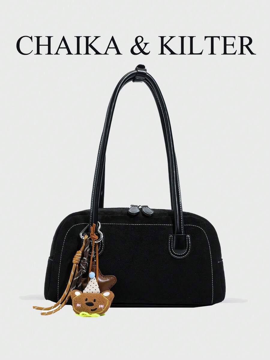 CHAIKA & KILTER 1pc Solid Color Suede Fabric Women's Vintage Fashion Matte Shoulder Bowling Bag With Contrast Quilted Stitching, Double Handle Design, Zipper Closure, Suitable For Daily And Street Use