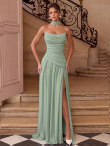 ADYCE Vestido de fiesta elegante con cuello halter, escote corazón, cintura alta, plisado, abertura alta, espalda descubierta y largo hasta el suelo, adecuado para baile de graduación, cumpleaños, Navidad, boda - verde menta - Ver 7