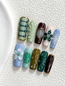 10片森林綠意風手工穿戴甲，Polygel美甲套組，花朵、棕色指甲，復古寶石風，3種尺寸可選，杏仁甲、鴨嘴甲、棺材甲，適用派對、舞蹈、日常穿著（手工細節可能有所不同） - 彩色 - 查看 16