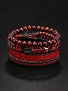 Vintage Red Cupid's Arrow Leather Bracelet Set (Unisex) - Multi-Layer Woven Wristband - Red - View 1