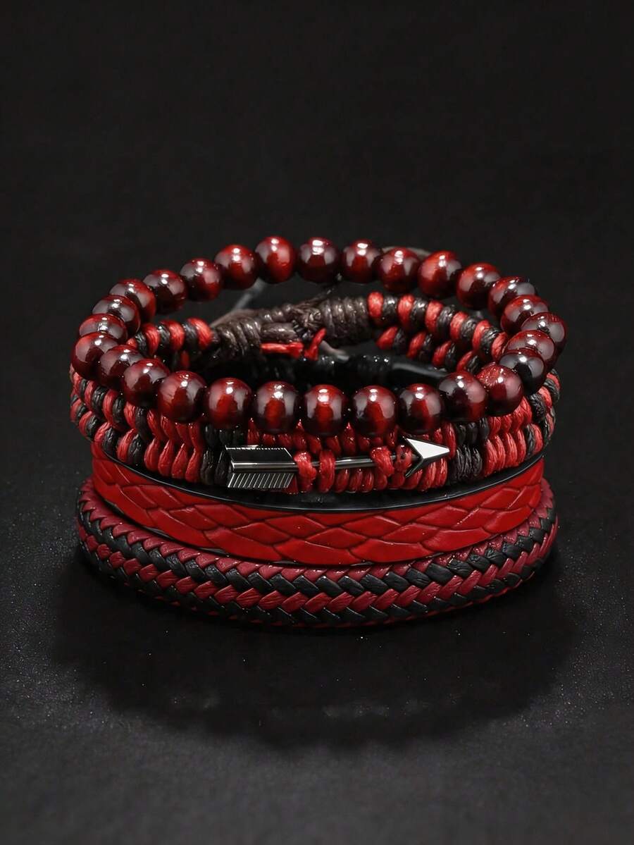 Vintage Red Cupid's Arrow Leather Bracelet Set (Unisex) - Multi-Layer Woven Wristband - Red - View 1