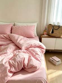 3pcs 100% Cotton Japanese Minimalist Polka Dot Print Pure Cotton Bedding Set 2 Pillowcases + 1 Duvet Cover Combination - 100% Cotton Solid Light Pink - View 3