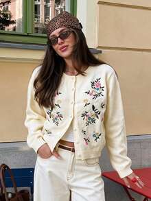 Fall/Winter 2026 New Vintage Floral Embroidered Cardigan Sweater, Versatile Pullover Knit Cardigan Top - White - View 1