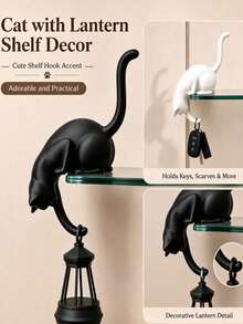 Cat Shelf Hook With Vintage Lantern, Resin Cat Lantern Shelf Decor, Bookshelf Lighting, Stable Edge Sitting Design, Wall-Mounted Key Hook, Suitable For Porch, Patio, Bookshelf, Reading Nook And Entryway Hallway Decoration - Regular - View 2