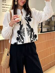 Women's White Floral Leaf Embroidered Stand Collar Long Sleeve Button Front Ruffle Cuff Shirt For Casual Vacation Home Holiday Spring Autumn Winter - White - View 7
