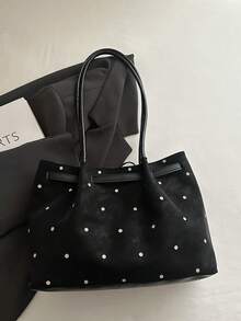 Solid Color Faux Suede Polka Dot Large Capacity Vintage Tote Bag Women's Bag 2026 Bowknot New Style Commuter Versatile Shoulder Handbag - Black - View 8