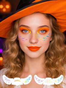 2Pcs Holographic Halloween Face Temporary Tattoos, Spider Web Scar Bat Star Combo Design, Waterproof Long‑Lasting For 2‑5 Days - Multicolor - View 3