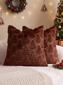 1/2pcs Brownish Red Christmas Tree & Star Pillow Covers (Pillow Insert Not Included), Modern Fashionable Comfortable Soft Faux Rabbit Fur Fabric Embroidered Pillow Covers, Suitable For Daily Home Decor, Sofa, Bed, Bedroom, Living Room, Decorative Pillow Covers, Daily Holiday Party Decoration, Suitable For All Seasons - Brown - View 2