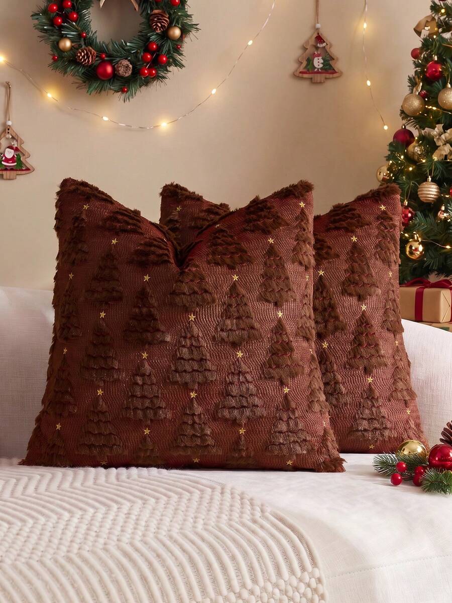 1/2pcs Brownish Red Christmas Tree & Star Pillow Covers (Pillow Insert Not Included), Modern Fashionable Comfortable Soft Faux Rabbit Fur Fabric Embroidered Pillow Covers, Suitable For Daily Home Decor, Sofa, Bed, Bedroom, Living Room, Decorative Pillow Covers, Daily Holiday Party Decoration, Suitable For All Seasons