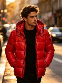 Glossy Puffer Jacket Men Quilted Insulated Jacket Zip Up Padded Coat Warm Down Jacket Casual Winter Jacket Outwear - Red - View 3
