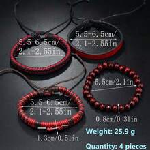 Vintage Red Cupid's Arrow Leather Bracelet Set (Unisex) - Multi-Layer Woven Wristband - Red - View 4