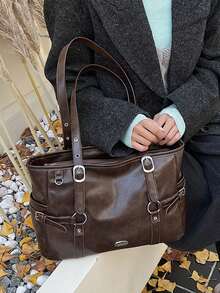 American Retro Shoulder Tote Bag With Metal Buckle Decoration On The Side, And Personalized, Suitable For Commuting And Daily Travel - Coffee - View 3