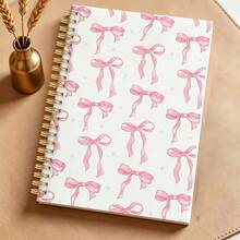 DANPERJI 1pc A5 Watercolor Pink Bow & Fine Polka Dot Print Notebook, Suitable For School Classroom Notes, Daily Writing, Women's Stationery Gift, Blank Lined Inner Pages, Pure White & Pink Bow Full Print Cover - Multicolor - View 7
