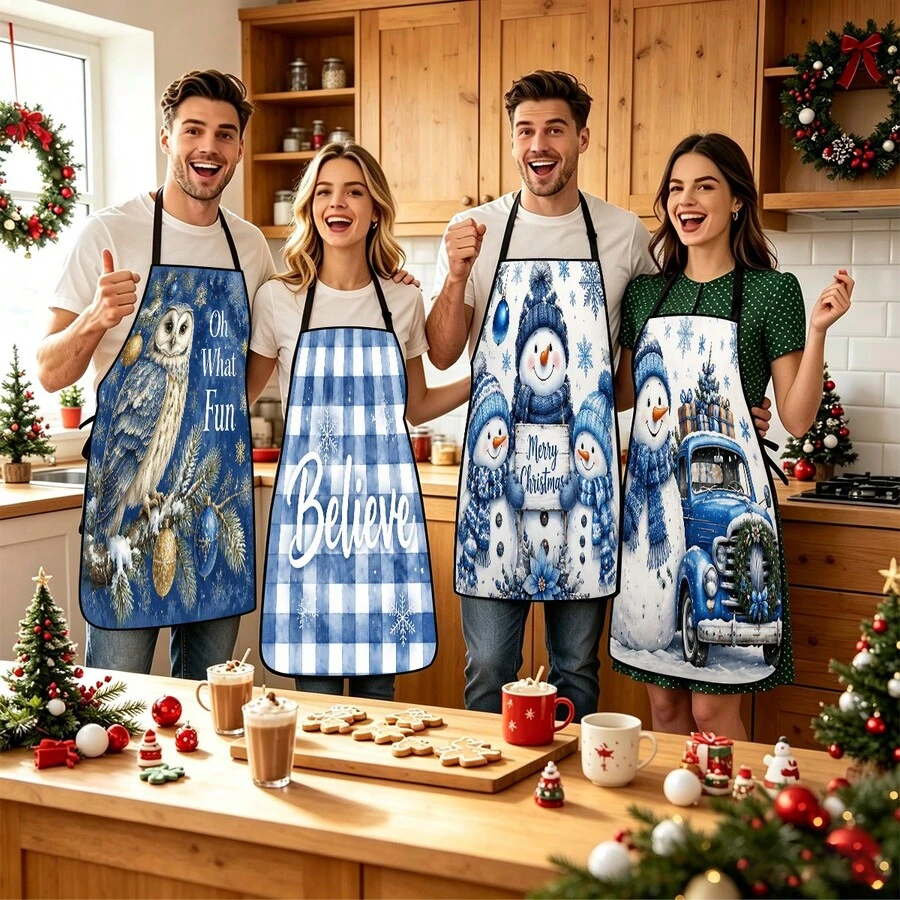 4pcs Christmas, Santa Claus, Bell, Snowflake, Reindeer, Christmas Tree, Snowman, Penguin, Gingerbread Man, Nutcracker, Christmas Animal Pattern Aprons, Suitable For Home Decor And Kitchen Use. Designed As Sleeveless Style, Perfect For Home Kitchen, Outdoor BBQ Cooking. This Printed Apron Is Unisex, Machine Washable And Reusable, Essential Kitchen Accessory - Multicolor - View 1