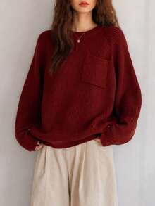 Women's Autumn/Winter Casual Minimalist Pocket Design Round Neck Loose Pullover Sweater - Red - View 1