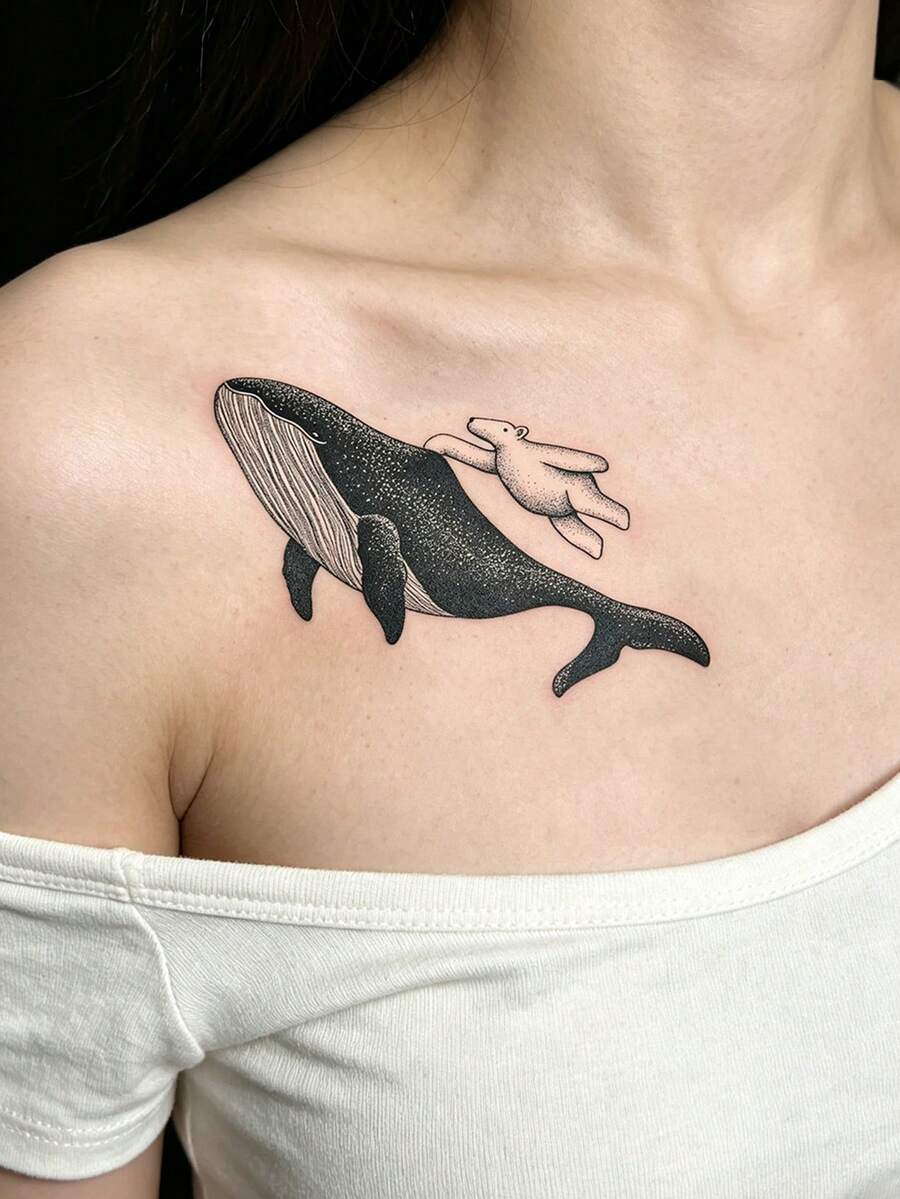 STARTTOOS 1pc Fashionable Personalized Black Whale & White Bear Pattern Floral Arm Tattoo Sticker, Temporary Tattoo For Shoulder, Neck, Collarbone, Ankle And Body - Black - View 1