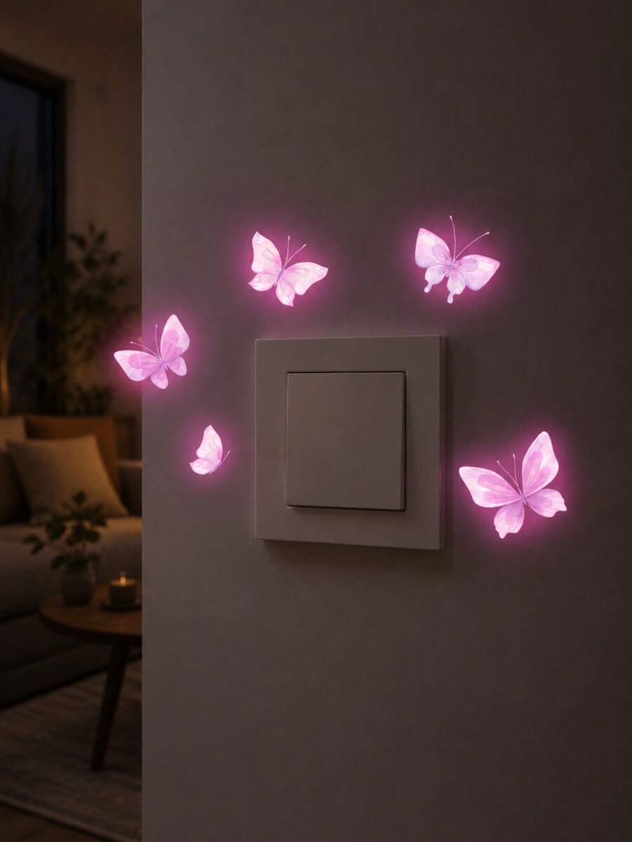 Soft Pink Luminous Butterfly Wall Decal, Glow‑In‑The‑Dark PVC Light Switch Socket Sticker, Peel And Stick DIY Wall Art For Girl Bedroom Nursery Home Decoration - Watercolor Butterfly - View 1