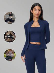 MFVIM Women's Seamless Yoga Tight Versatile Yoga Outfit Outdoor Running Sports Set Tank Top + Pants + Jacket 3-Piece Set - Royal Blue - View 4