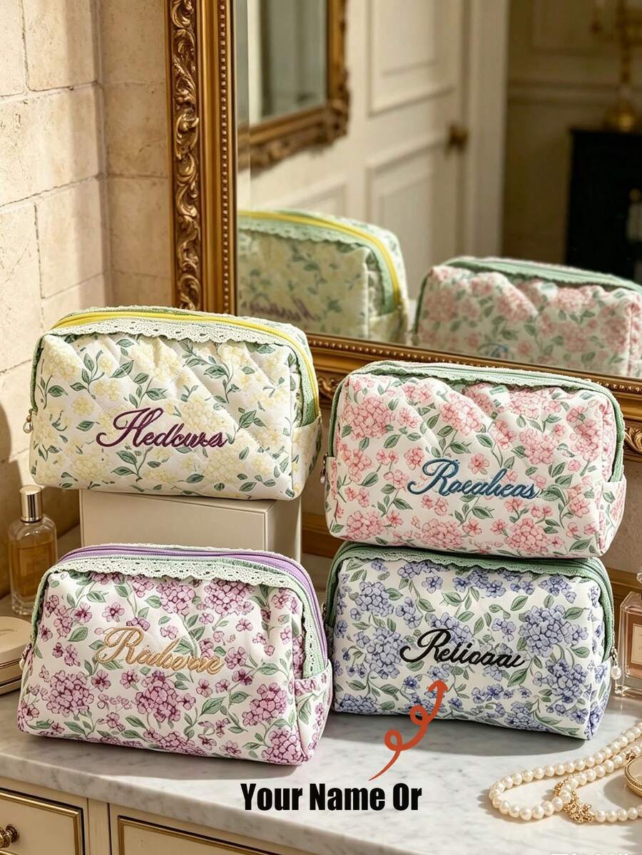 1pc Personalized Bridesmaid Gift Makeup Bag, Personalized Embroidered Floral Lace Makeup Bag, Wedding Return Gift Bride Gift Travel Toiletry Bag, Travel Storage Bag, Handbag - Multicolor - View 1