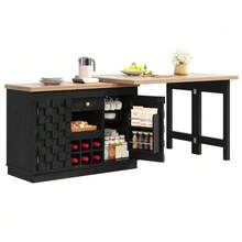 360° Rotating Kitchen Island And Sideboard 120–197 Cm With Patchwork Doors, Removable Wine Rack And Drawers, 2 Colors (Light Oak / Black) - Black - View 6