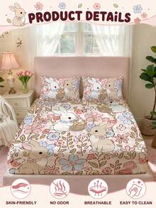 2/3 Piece Set Cute Rabbit & Floral Pattern Fitted Sheet, Fitted Sheet & Mattress Protector, Pink & White Plaid, Soft Comfortable Breathable, All Season, Fits All Bed Sizes (Twin/Full/King/Queen), Deep Pocket Design, Suitable For Bedroom, Dorm, Hotel, Machine Washable - Multicolor - View 5