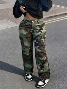 American Street Style Camouflage Cargo Straight Leg Jeans Casual Spring - Army Green - View 1