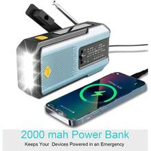 Daykit 緊急 NOAA 天氣收音機，便攜式手搖收音機，太陽能供電附電池備援，AM/FM/NOAA，SOS 警報，2000mAh 可充電電池，3 LED 手電筒，Type-C 充電，適用於室內外徒步露營緊急情況 - 藍色 - 查看 4